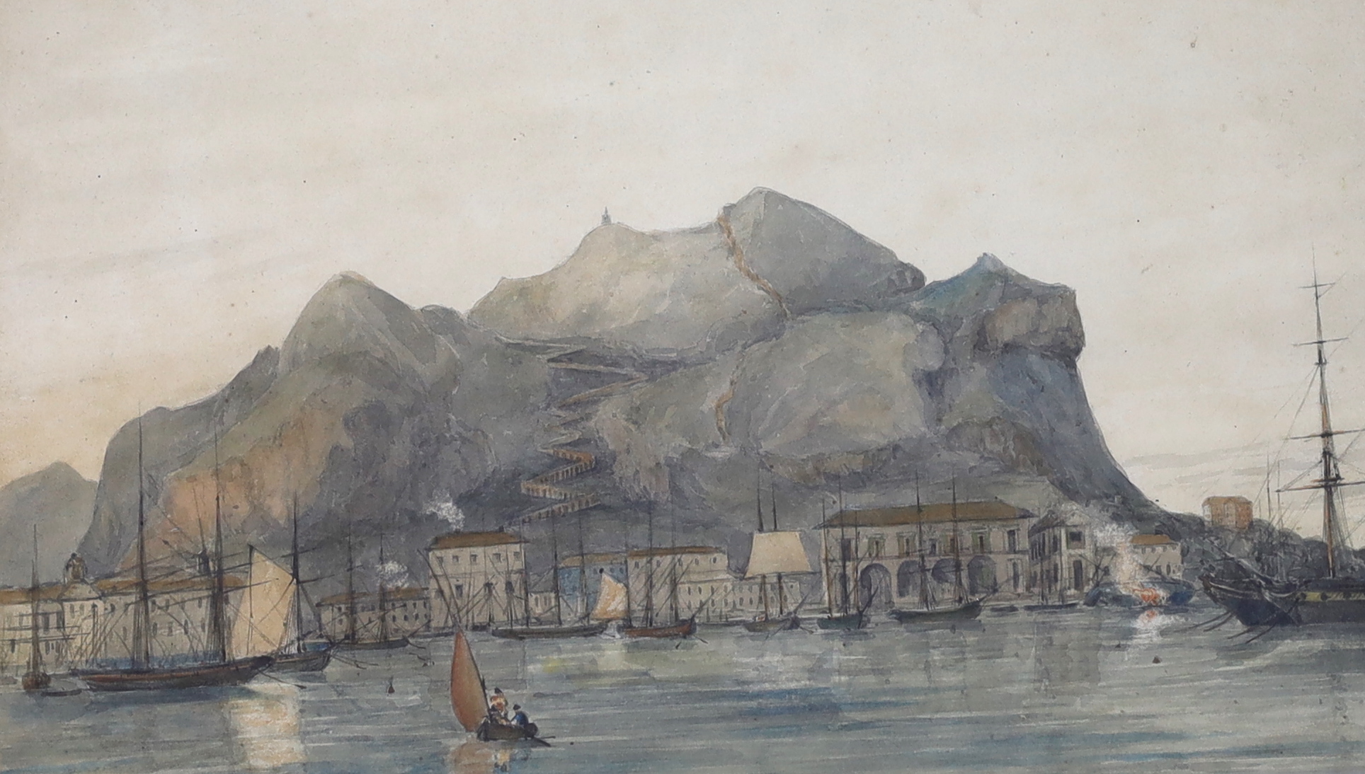 Late 19th century English School, watercolour, View of Gibraltar, 22 x 37cm